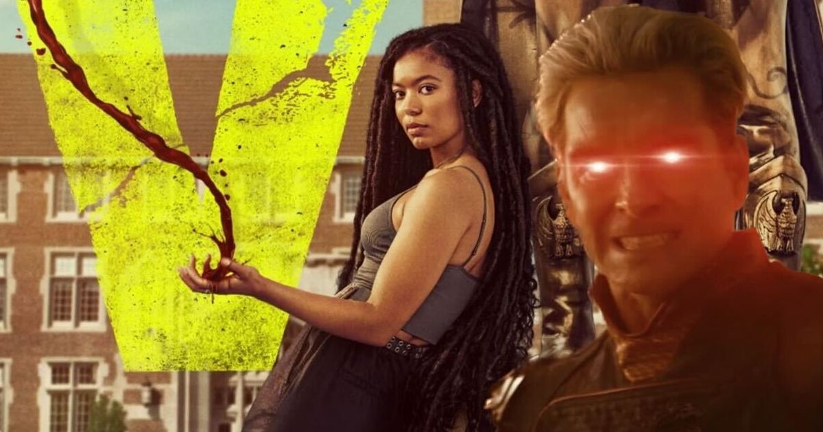 Marie in a promotional poster for Gen V, controlling blood in her hand with an edit of Homelander and his laser eyes from The Boys next to her.