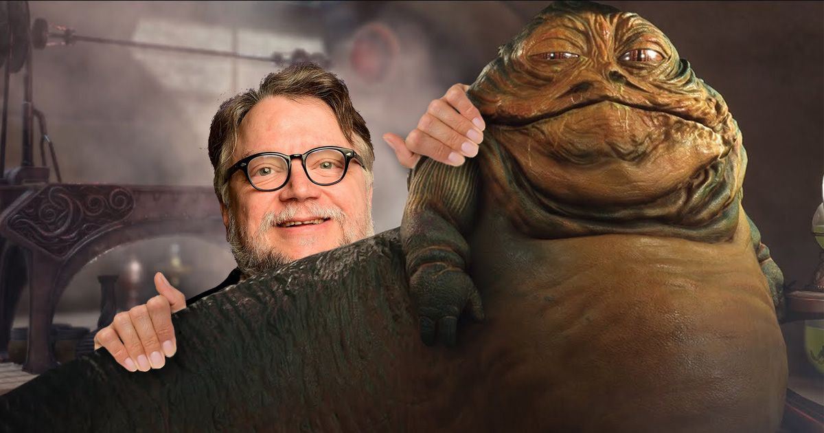 An edit of director Guillermo del Toro smiling with his glasses on with Jabba the Hutt from Star Wars in the foreground.
