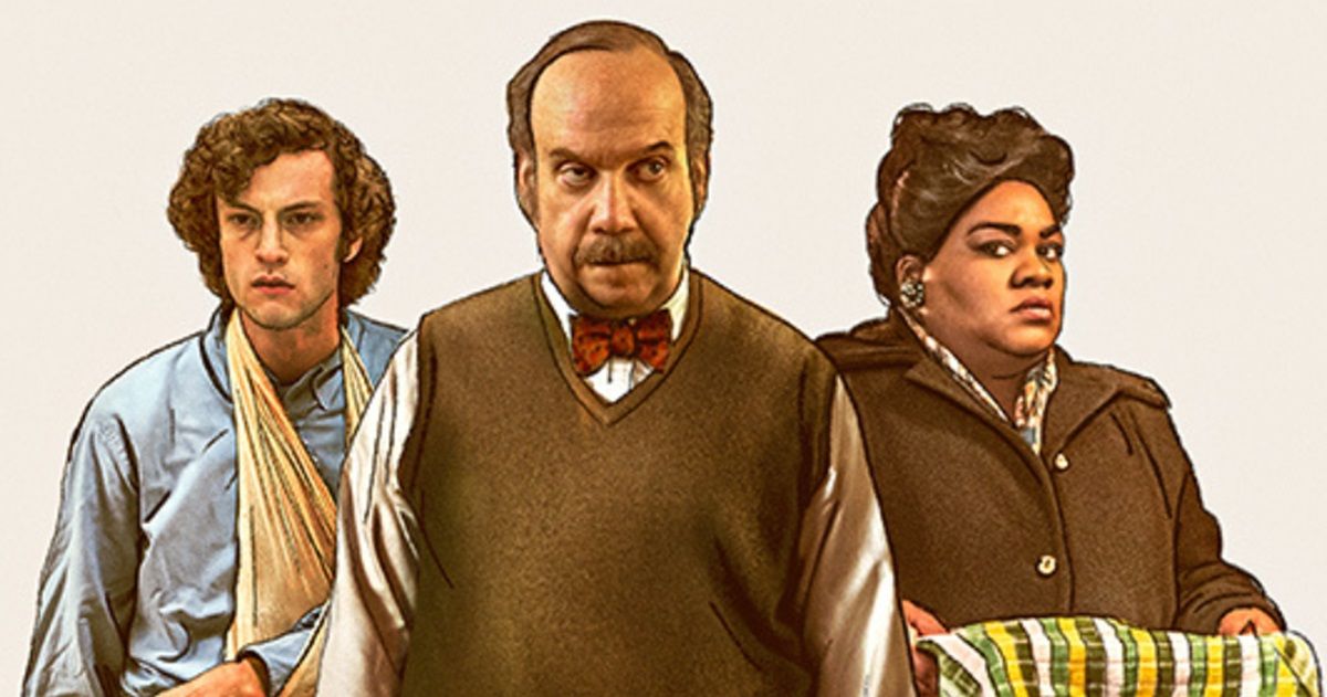 Paul Giamatti as Paul Hunham, Dominic Sessa as Angus Tullly, and Da'Vine Joy Randolph as Mary Lamb in the style of a drawing in promo art for The Holdovers.