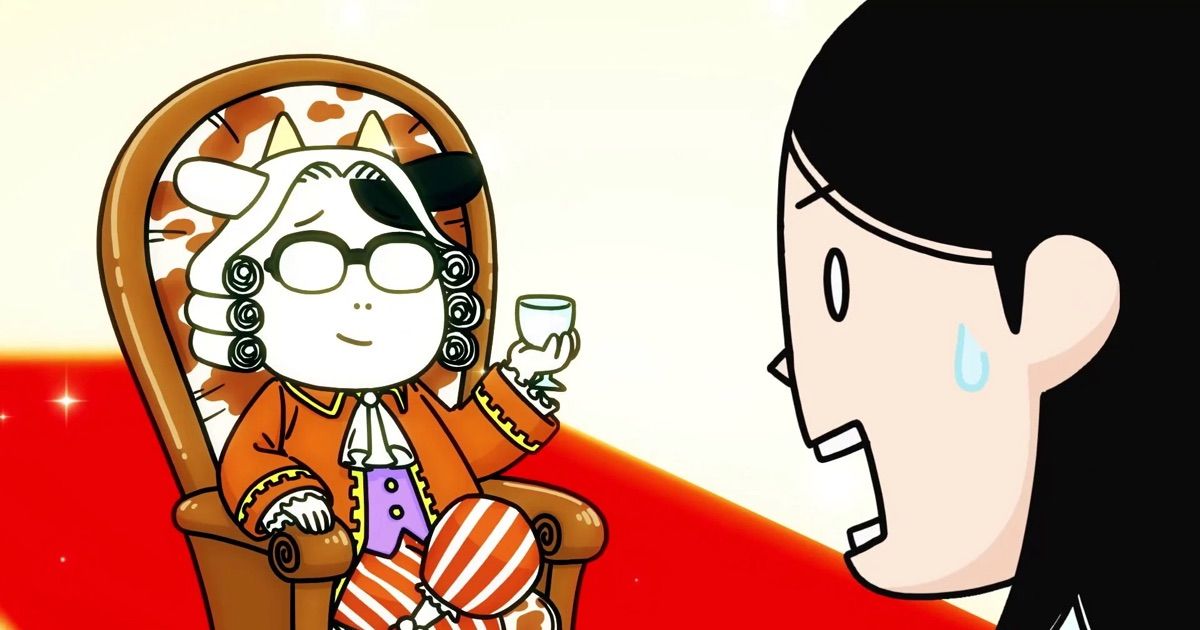 Uma mulher com manchas no rosto está sentada em uma cadeira bebendo um copo de alguma coisa, com uma mulher parecendo preocupada na frente dela em Hyakushou Kizoku Specials