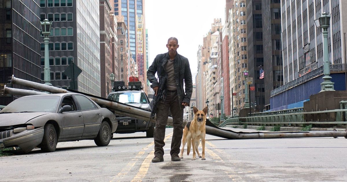 Robert and his dog stand on the street in I Am Legend