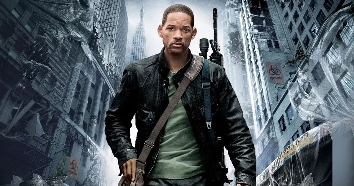 Robert stands before buildings in I Am Legend