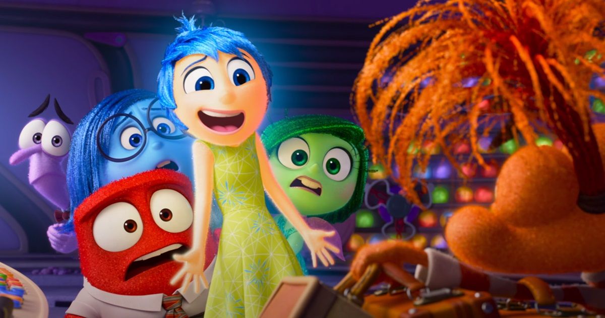 Amy Poehler's Joy, Phyllis Smith's Sadness, Lewis Black's Anger, Tony Hale's Fear, and Liza Lapira's Disgust in Inside Out 2, looking at an orange new emotion.