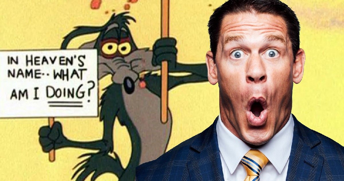John Cena in a suit and tie with a shocked face, and Wile E. Coyote holding a sign saying 