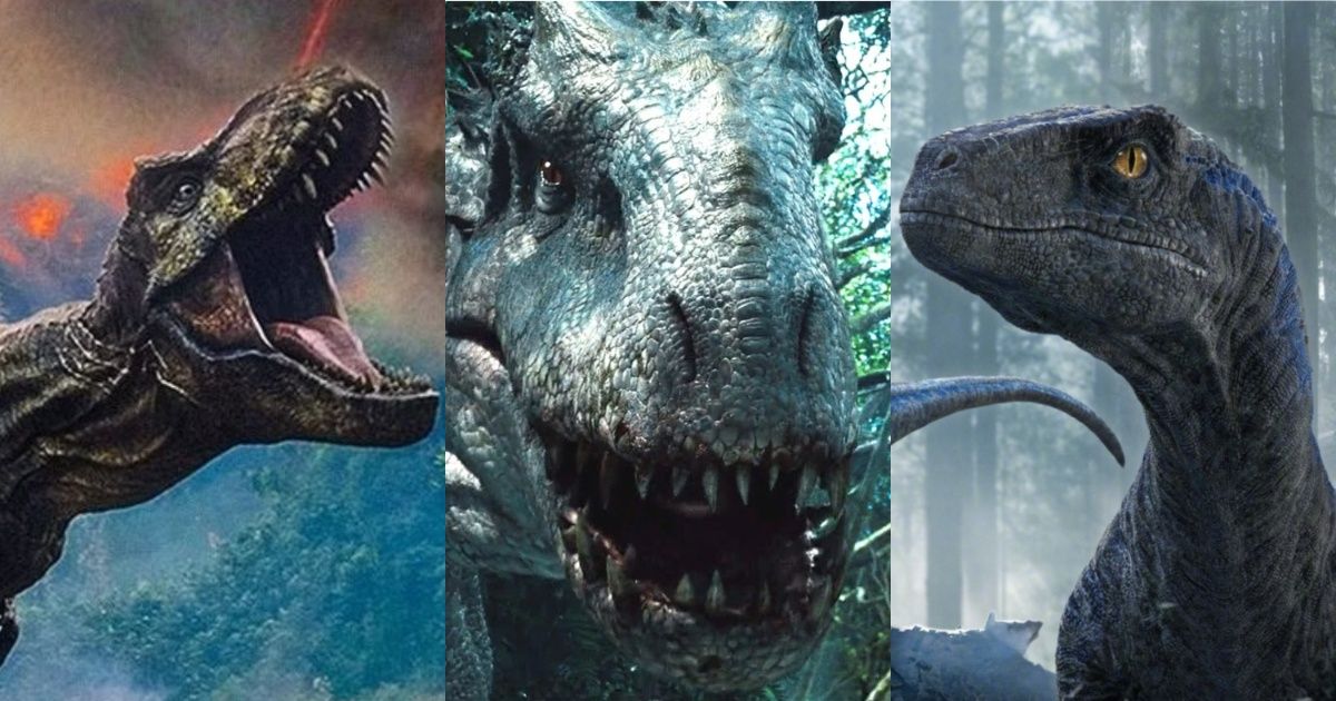 A T. Rex, Indominus Red, and Velociraptor from the Jurassic Park franchise.