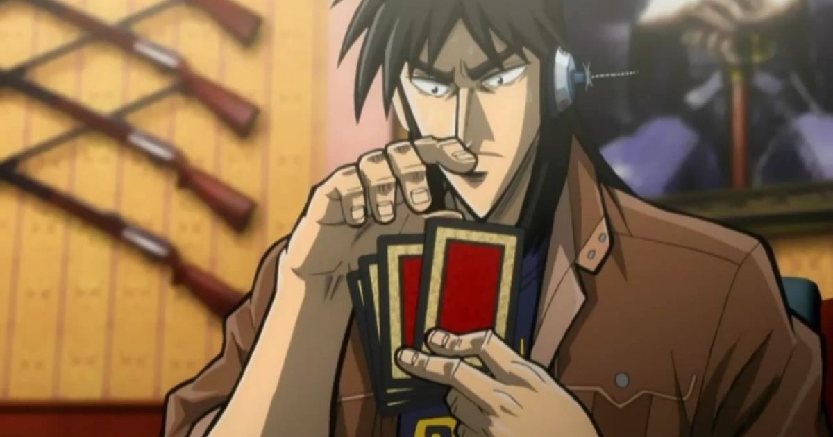 Kaiji Itou segurando cartas enquanto pensa em qual carta escolher para ganhar o jogo.