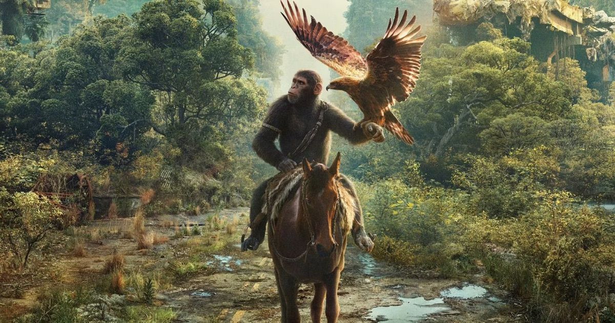 An ape rides a horse with an eagle landing on its arm in Kingdom of the Planet of the Apes.