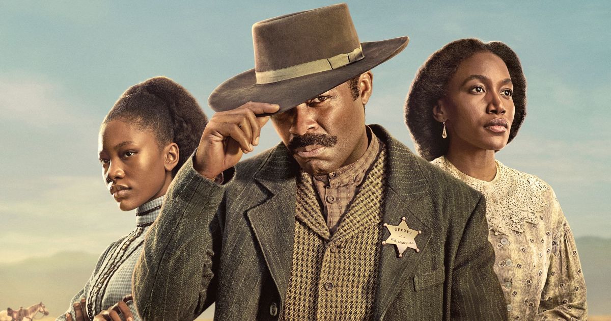 David Oyelowo as Bass Reeves, Lauren E. Banks as Jennie Reeves, and Demi Singleton as Sally Reeves dressed in old western clothes, with Bass wearing a sheriff's badge and black hat, with a horse and mountains in the background