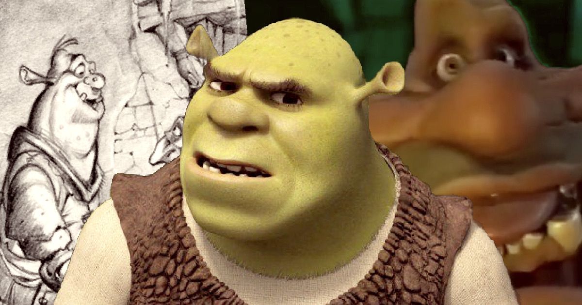 Shrek looks puzzled, flanked by original concept art and test video footage