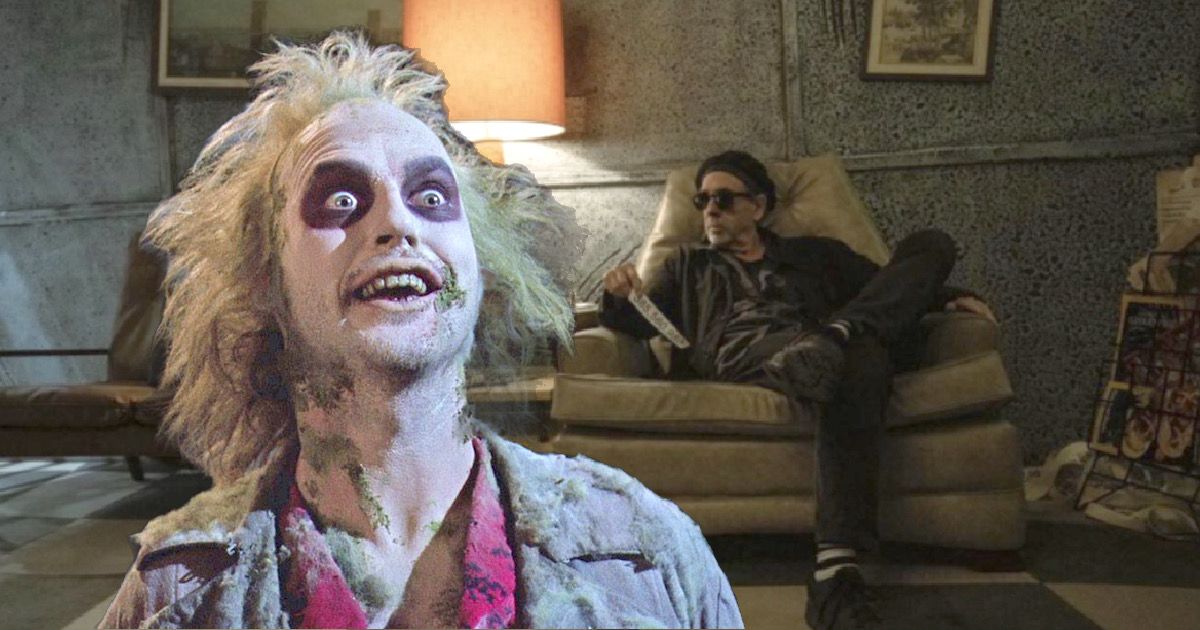 Michael Keaton as Beetlejuice next to Tim Burton relaxing on the set of the movie