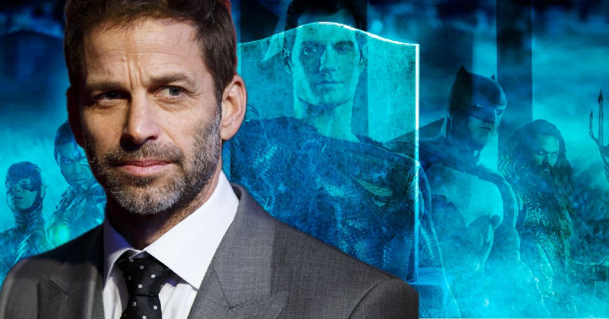 Zack Snyder with the characters of the Justice League behind him as spectral images.