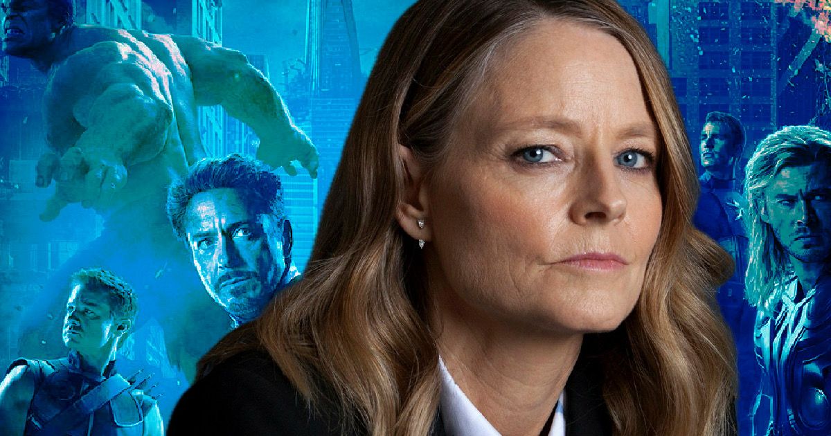 Jodie Foster looking serious with Marvel heroes in the background