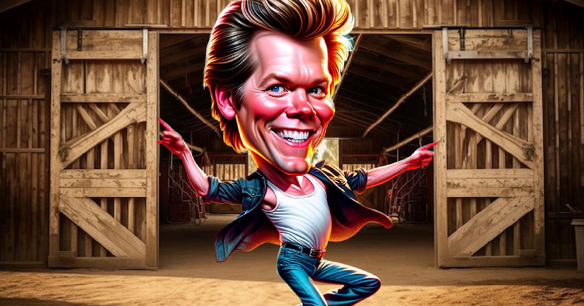 Kevin Bacon dancing in front of a barn replicating Footloose