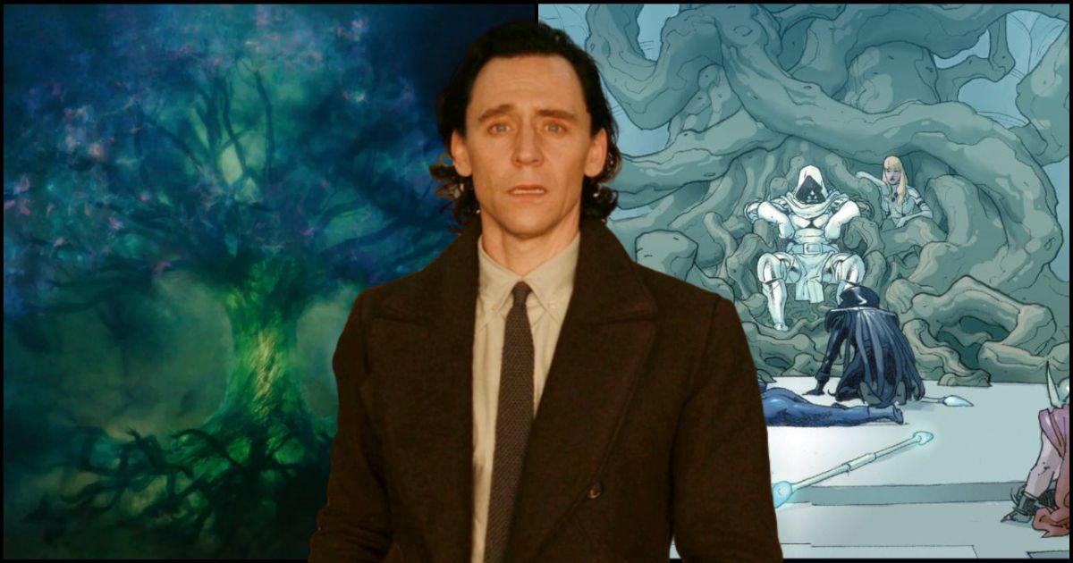 Tom Hiddleston as Loki wearing his TVA clothes, with a large brown suit jacket, white shirt, and brown tie, standing in front of Yggdrasil and God Emperor Doom