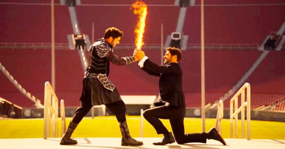 Lucifer and Michael fight over a flaming sword