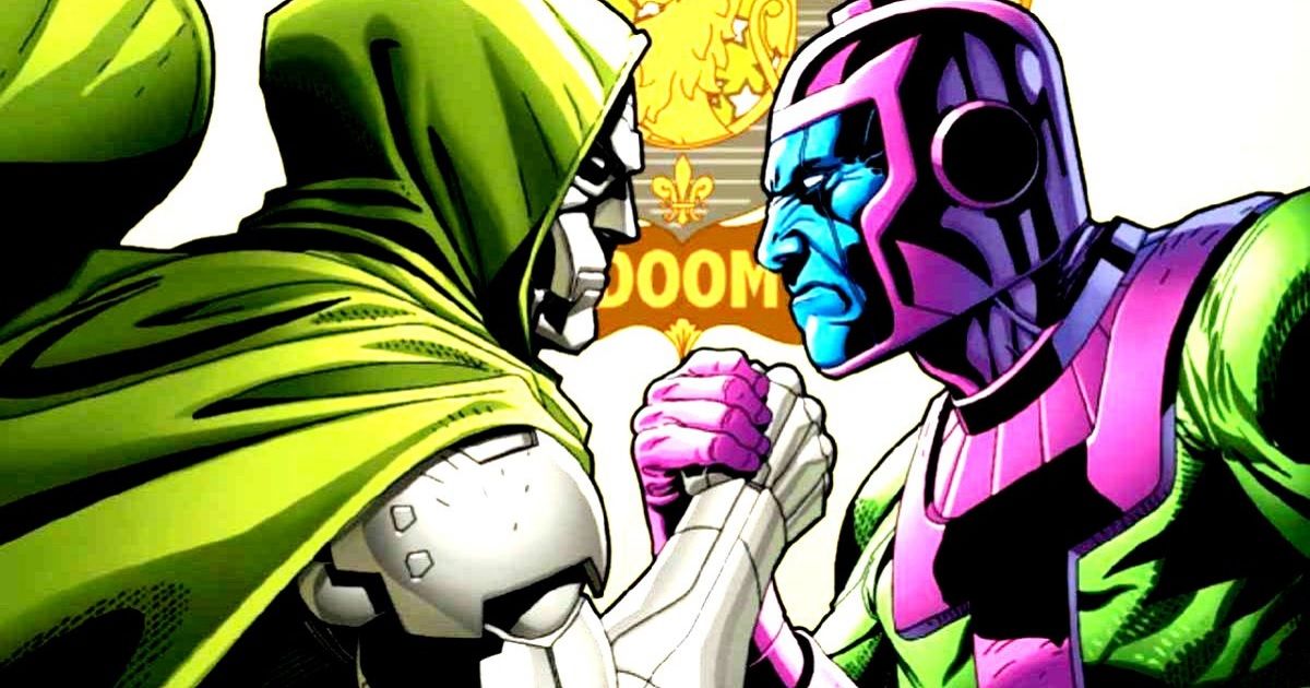 Doctor Doom in his silver armor and green cape and hood, with Kang in his purple and green armor in Marvel Comics.