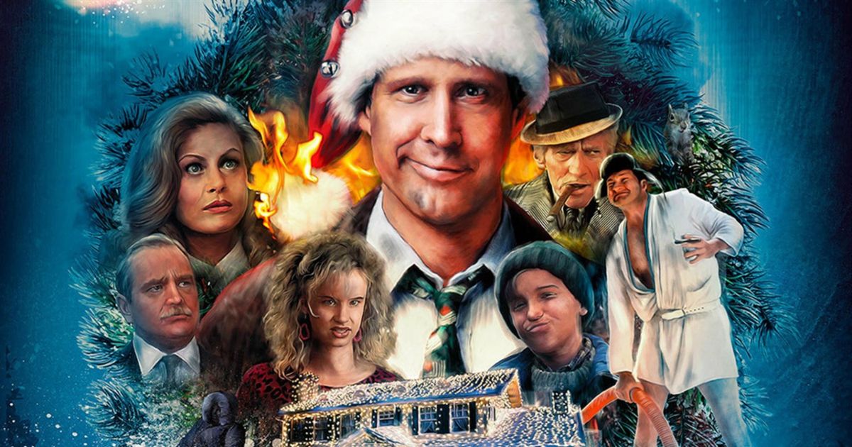 National Lampoon's Christmas Vacation cast with an edited poster featuring the main characters, the lit up house, covered by a wreath around all of them.