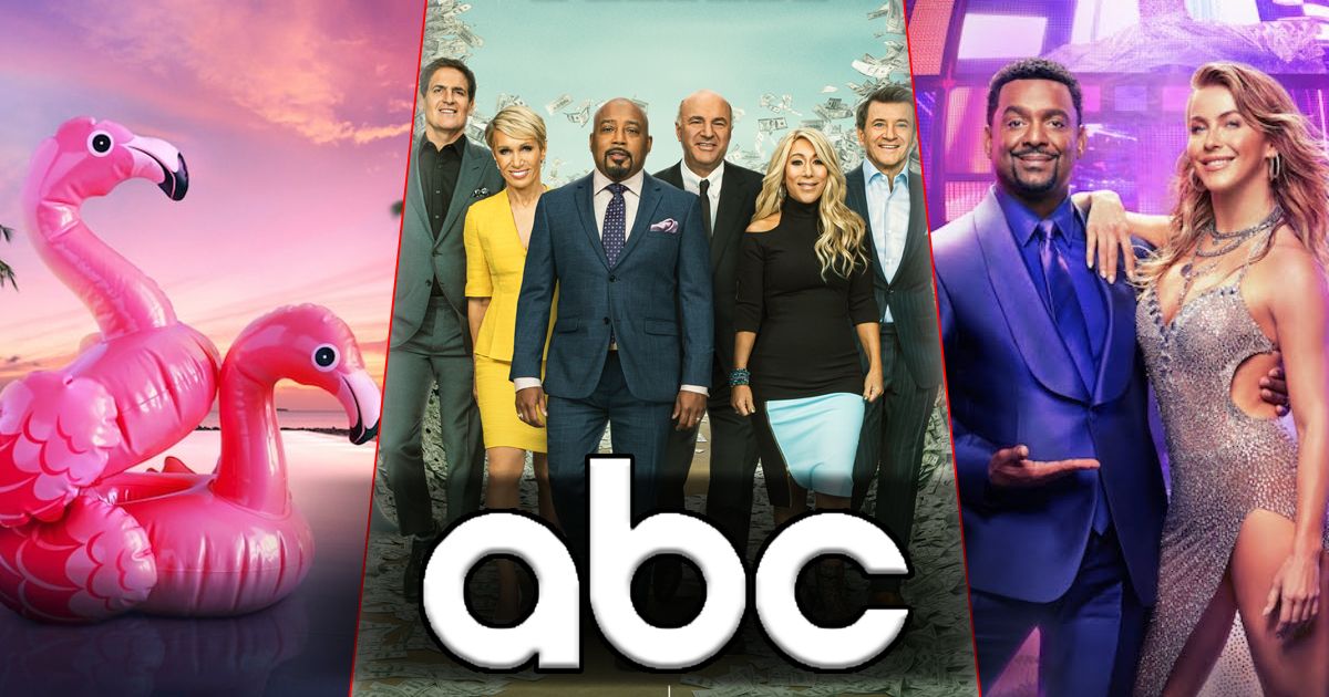 Split image of posters for Bachelor in Paradise, Shark Tank, and Dancing with the Stars behind the ABC logo