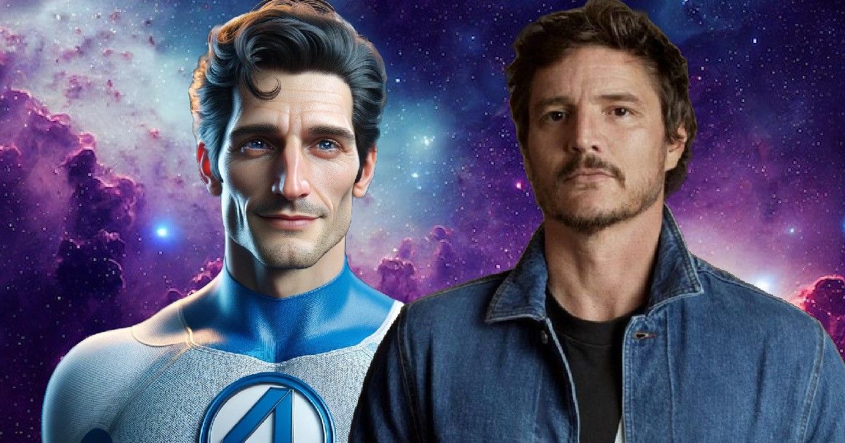 An edit of Reed Richards with a blue and white fantastic four suit on, with Pedro Pascal in a denim jacket and black shirt next to him with a galaxy in the background.