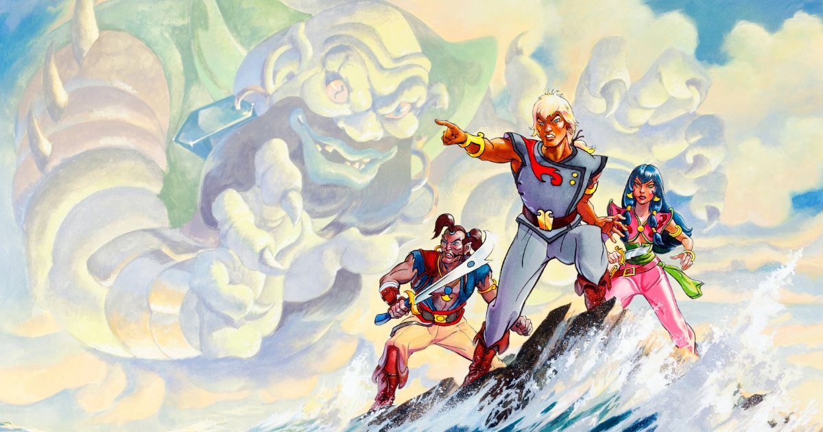 Piratas da Água Negra Art três personagens principais com vilão nas nuvens