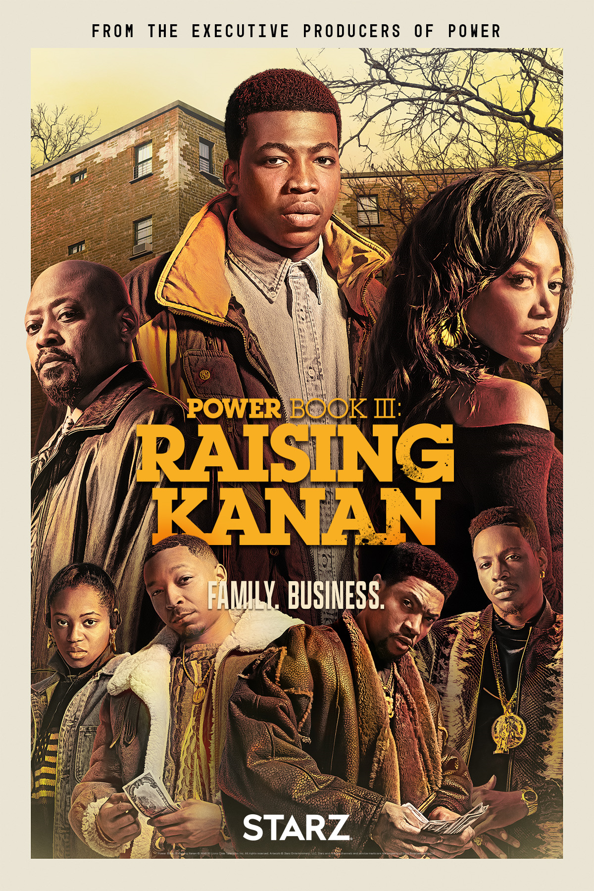 A poster featuring the cast of Power Book III: Raising Kanan, dressed in various coats and holding money, with a brick building behind them.
