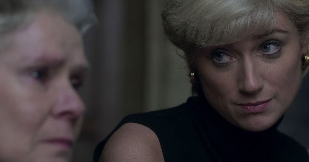 Elizabeth Debicki as Princess Diana wearing a black dress and earrings in The Crown talking to Imelda Staunton's Queen Elizabeth II