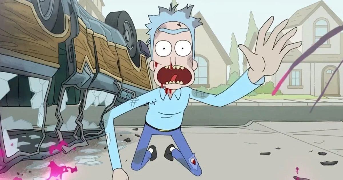 A younger Rick with shoert hair and blood on his face with a destroyed car next to him in Rick and Morty.