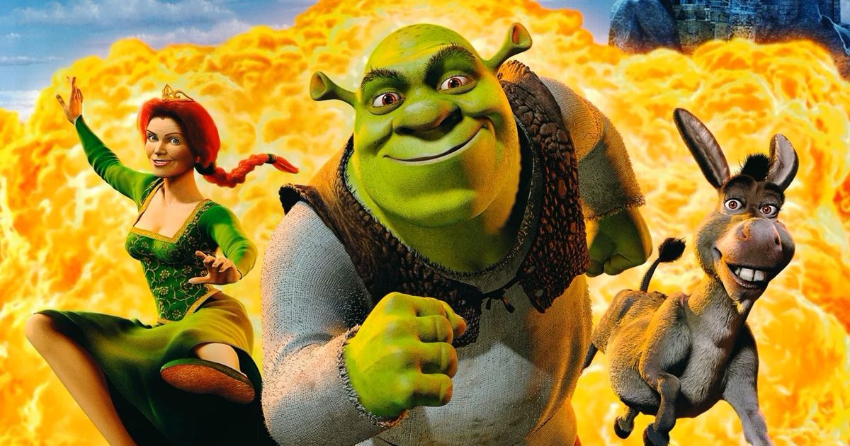 A promo image of Shrek, featuring Shrek, Fiona, and Donkey jumping away from an explosion.