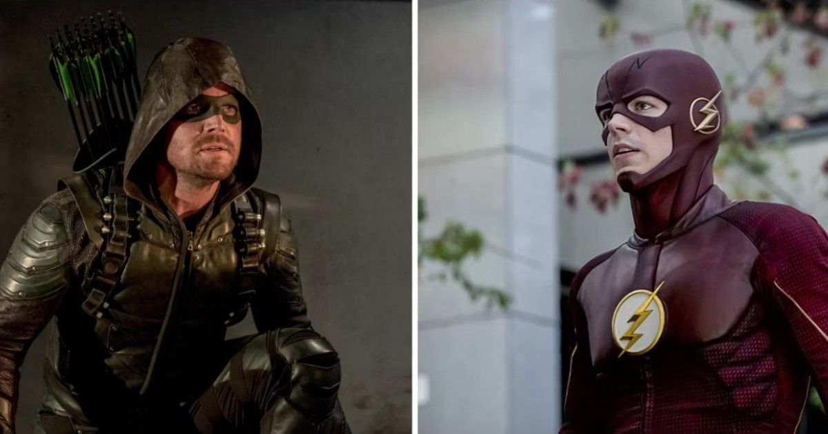 Stephen Amell as the Oliver Queen in Green Arrow in Arrow and Grant Gustin as Barry Allen in The Flash.
