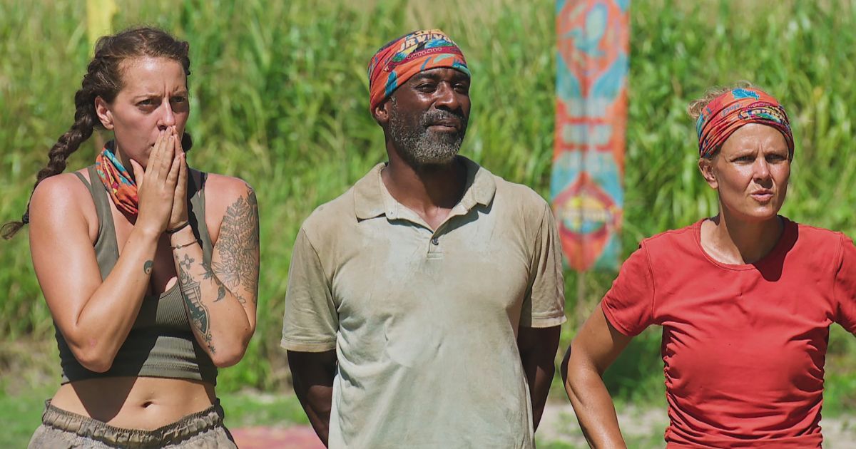 Bruce, Kendra, and Julie stand in the forest in Fiji, waiting to start a challenge in Survivor Season 45, episode 9.