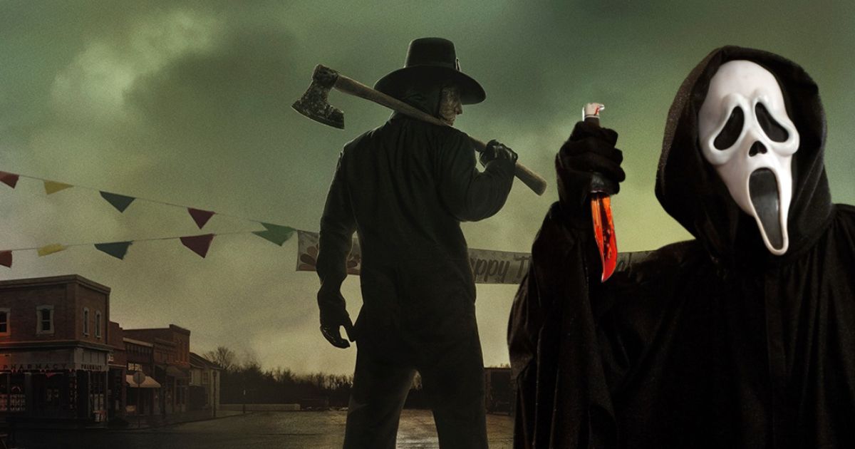 John Carver wearing a pilgrim mask and hat, carrying an axe in Thansgiving, with Ghostface from Scream wearing his iconic mask carrying a bloody knife.