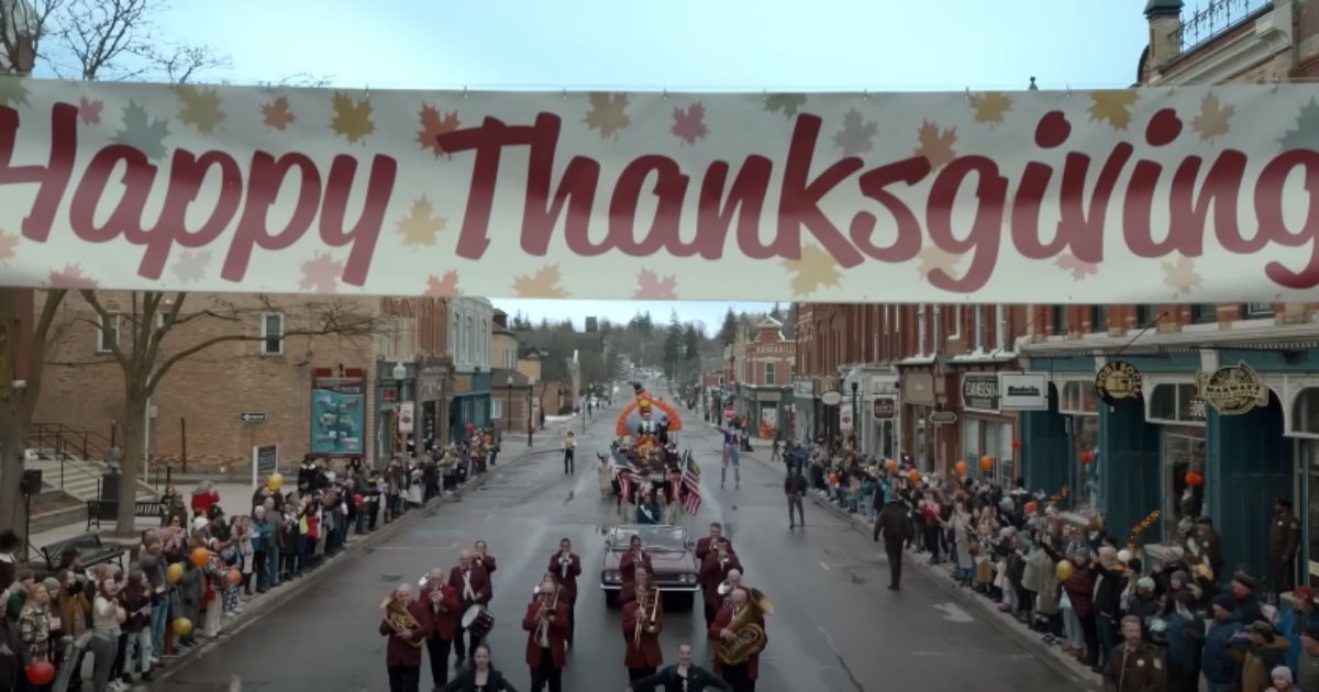 The Thanksgiving Day parade, with band members, floats, and the townspeople in Eli Roth's slasher film Thanksgiving