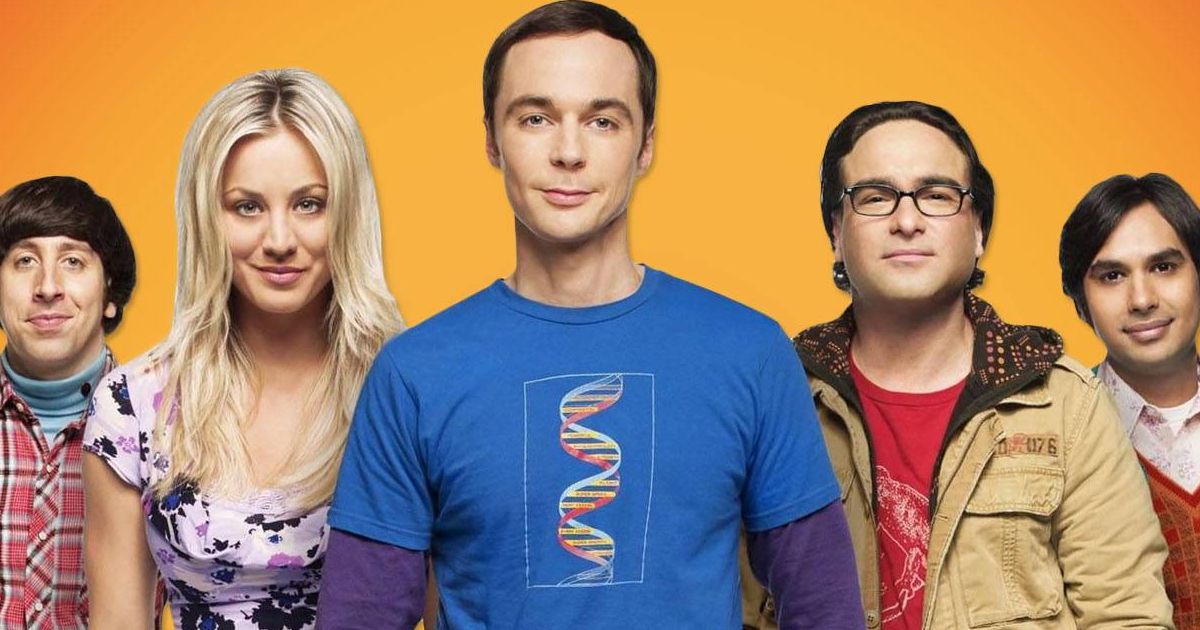 Simon Helberg como Howard Wolowitz, Kaley Cuoco como Penny, Jim Parsons como Sheldon Cooper, Johnny Galecki como Leonard Hofstadter e Kunal Nayyar como Raj Koothrappali no pôster de The Big Bang Theory.