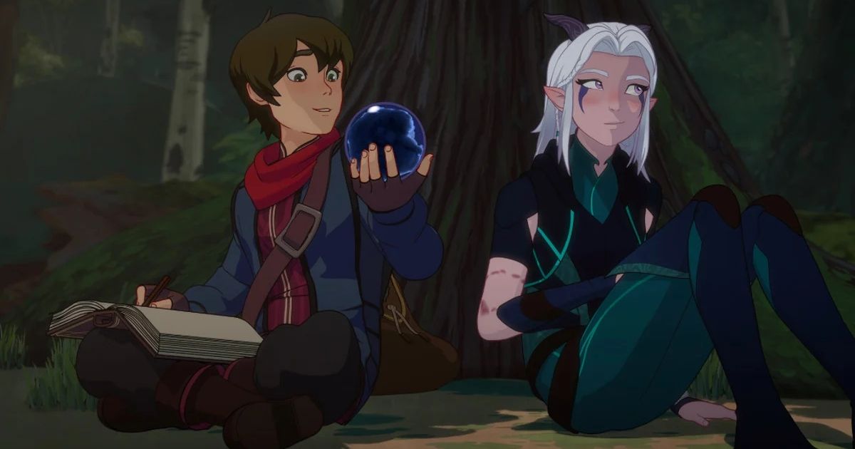 Callum and Rayla sitting in a forest in The Dragon Prince