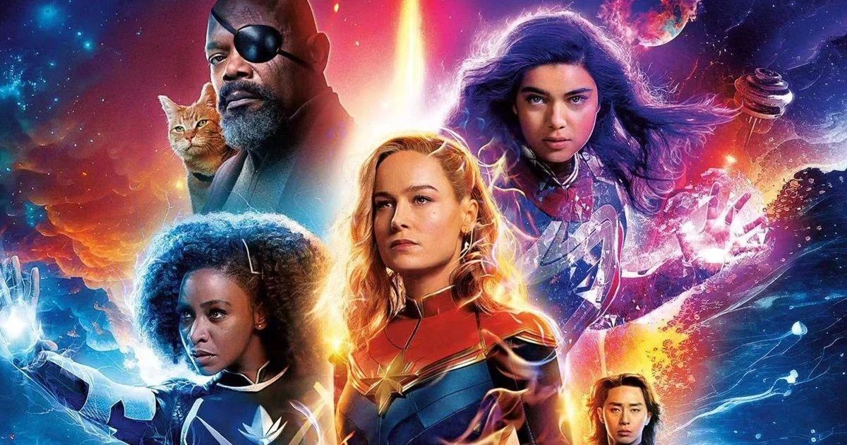 The cast of The Marvels including Brie Larson, Teyonah Parris, Iman Vellani, and Samuel L. Jackson in a poster for The Marvels where they show their powers with a lot of bright, colorful imagery.