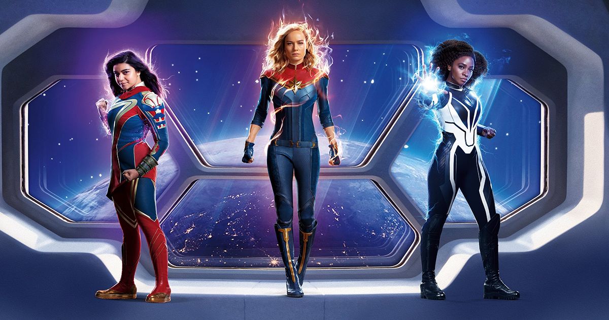The Marvels cast, including Iman Vellani's Ms Marvel, Brie Larson's Captain Marvel, and Teyonah Parris's Marie Rambeau in their super suits in a poster for The Marvels