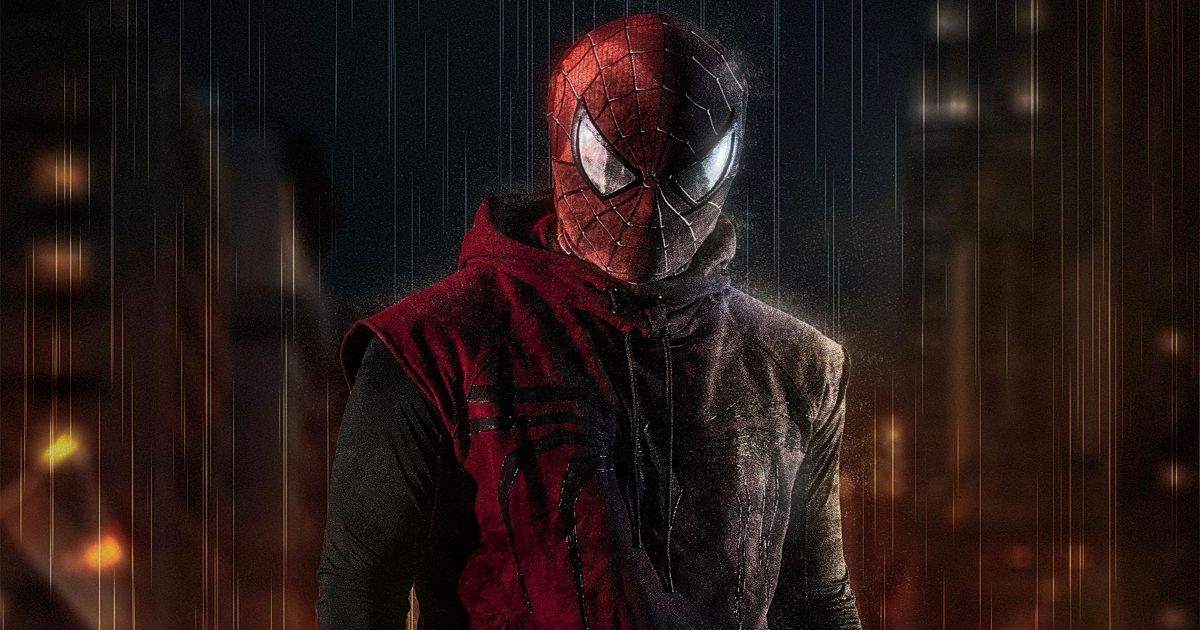 Tate Talley as Spider-Man, wearig a red hoodie, black sleeves, and a Spider-Man mask in the rain in The Web of Spider-Man poster.