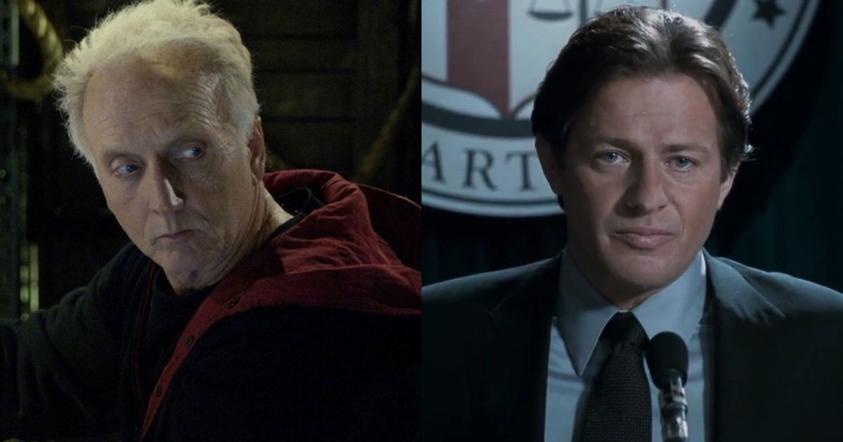 Tobin Bell as John Kramer, wearing his long red and black cloak and hood looking at something off-screen in Saw II, and Costas Mandylor as Mark Hoffman wearig a black suit jacket and blue shirt with a black tie, speaking into a microphone at a press conference in Saw IV.