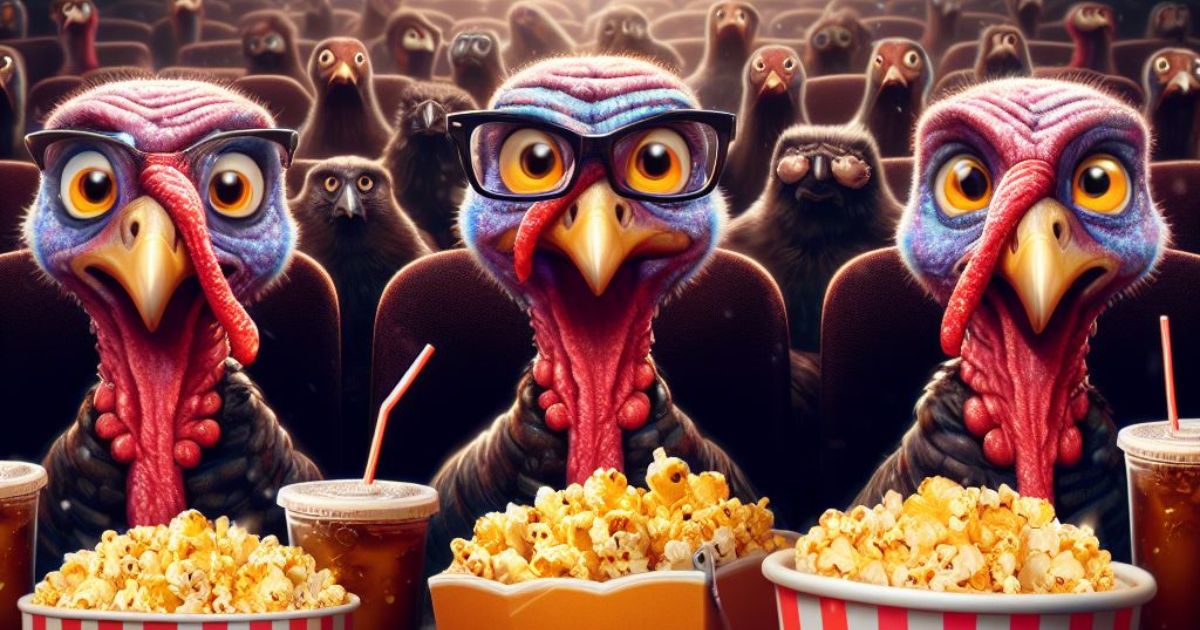 Turkeys eating popcorn and watching a movie