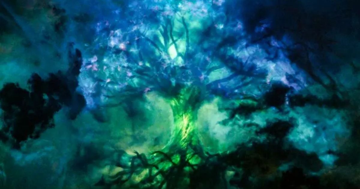 The Yggdrasil tree in Loki, with a green trunk from Loki, with blue branching timelines as the branches and top of the tree.
