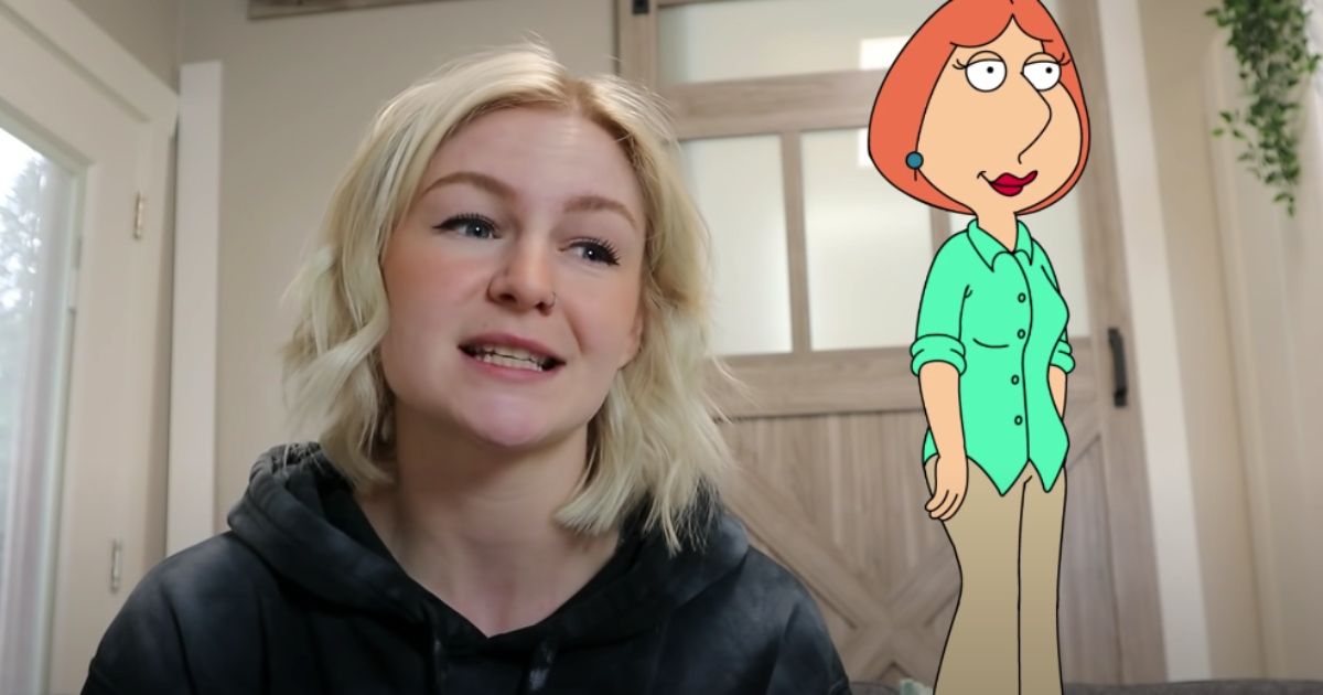 YouTuber KallMeKris in a black hoodie with an edit of Lois Griffin from Family Guy next to her in a YouTube video.