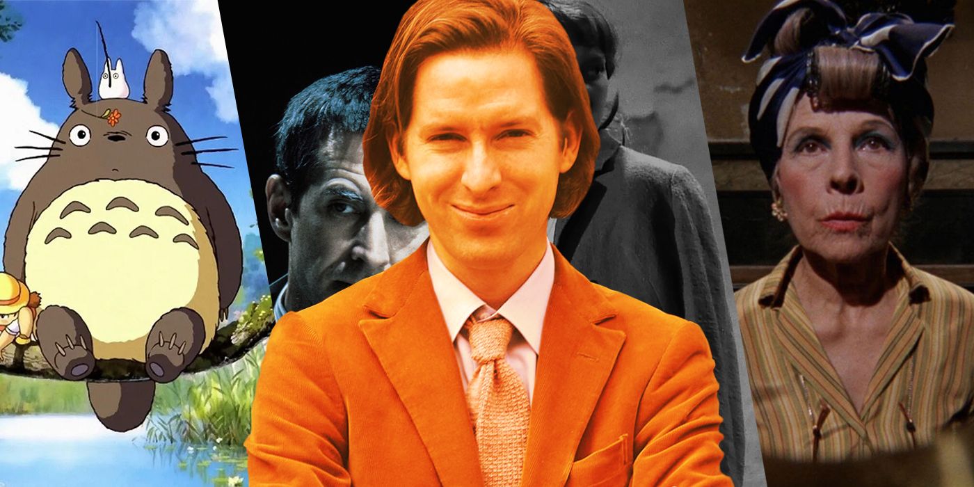 An edited image of Wes Anderson layered over a collage that includes My Neighbor Totoro, Winter Kills, Au hasard Balthazar, and Rosemary's Baby