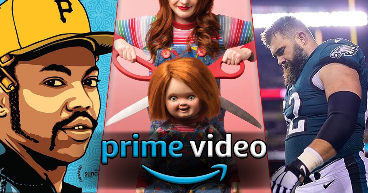 Split image of posters for No-No, Living with Chucky and Kelce behind the Prime Video logo