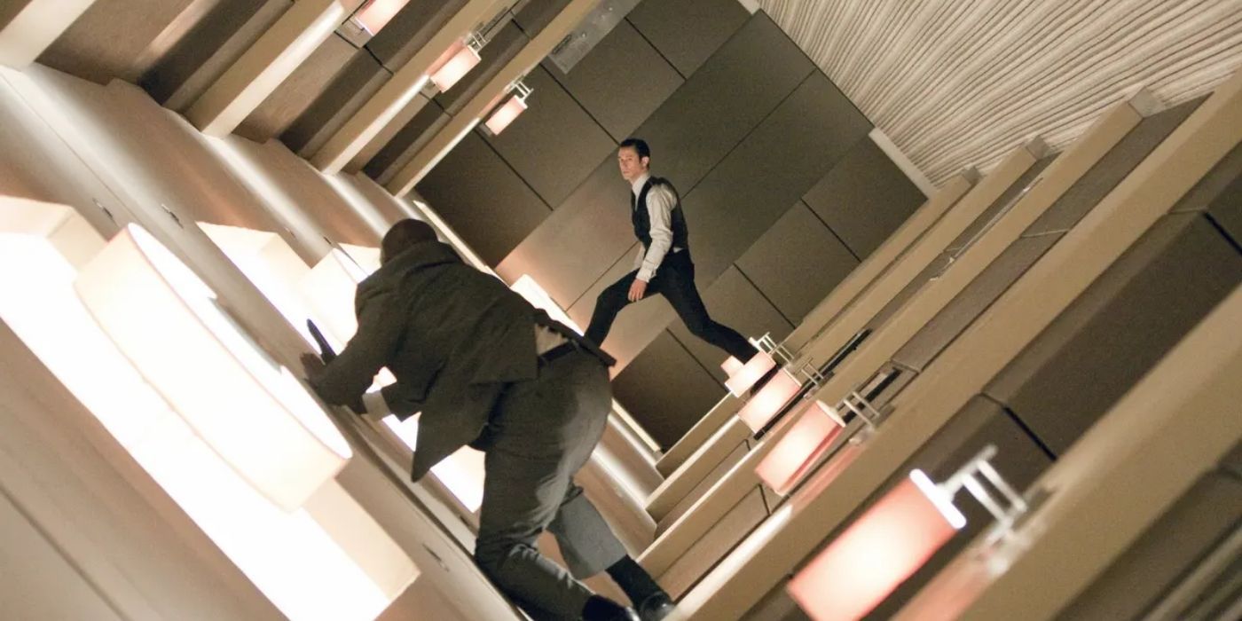 A scene from Inception (2014) Joseph Gordon-Levitt walks on the wall of a spinning room