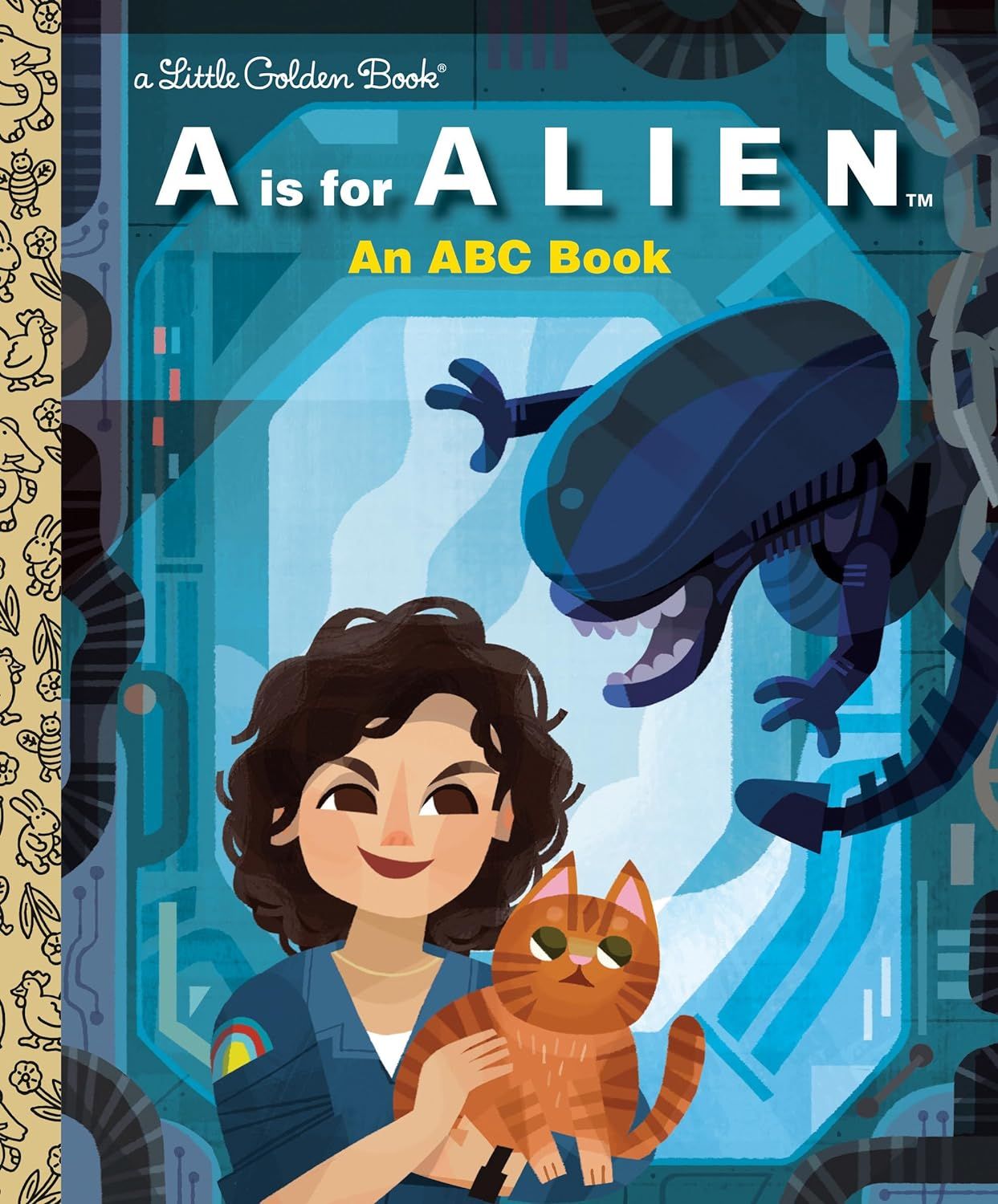 A is for ALIEN book cover featuring Ellen Ripley, a cat and the alien.