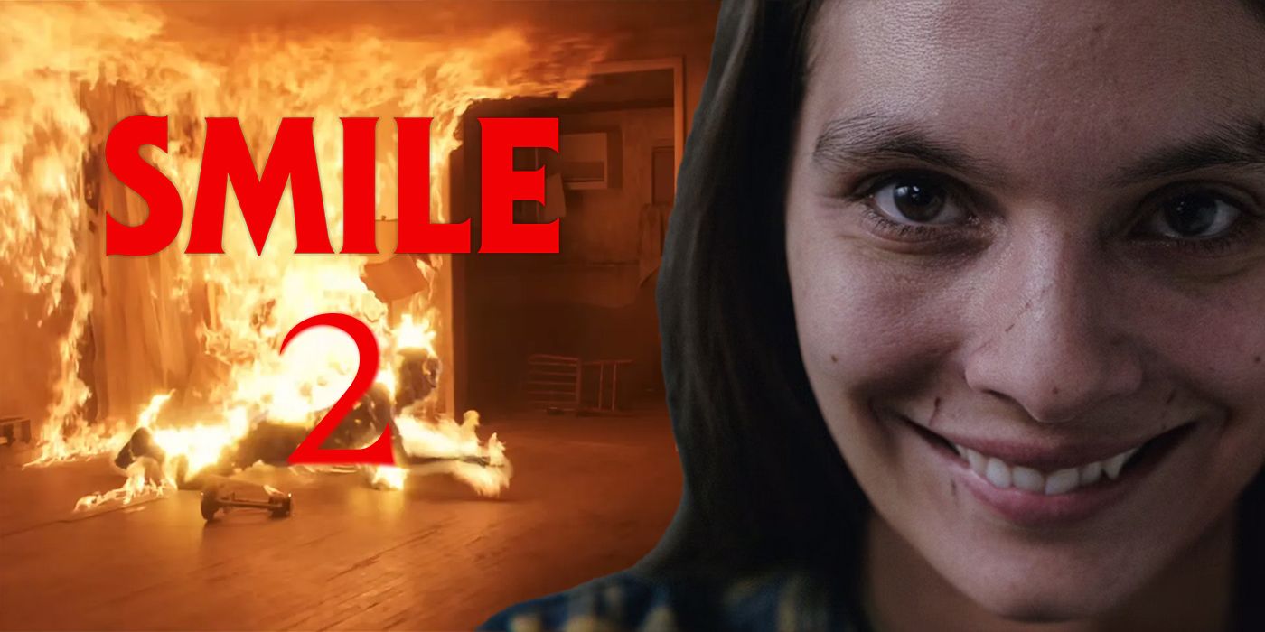 A person burning alive crawling on the floor with Caitlin Stasey as Laura Weaver smiling toward the camera in Smile