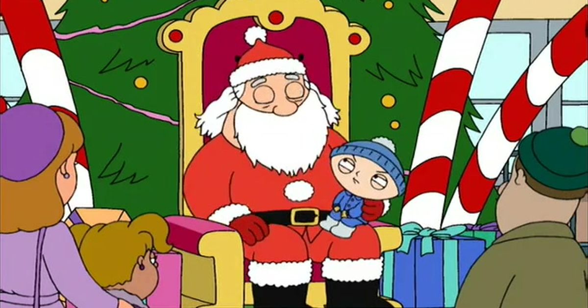 Stewie senta no colo do Papai Noel em Uma Família da Pesada