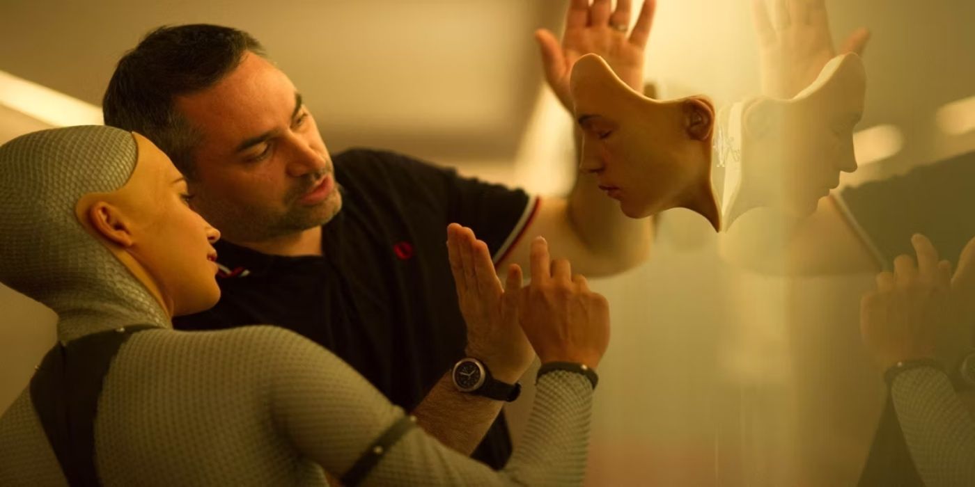 Alex Garland on the set of Ex Machina with Alicia Vikander