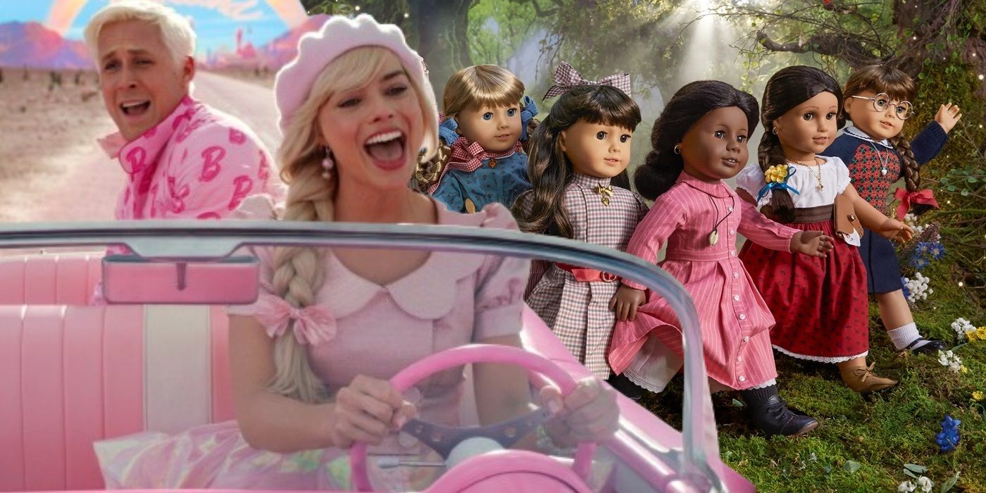 Ryan Gosling and Margot Robbie from Barbie wearing pink in a pink convertible superimposed over various American Girl dolls
