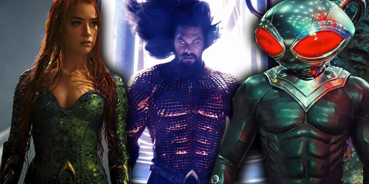 Aquaman characters including Jason Momoa as Aquaman, Amber Heard as Mera, and Black Manta in armor